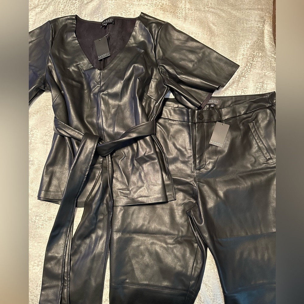 Brand new 2-piece black faux leather top & skinny pants size 18.